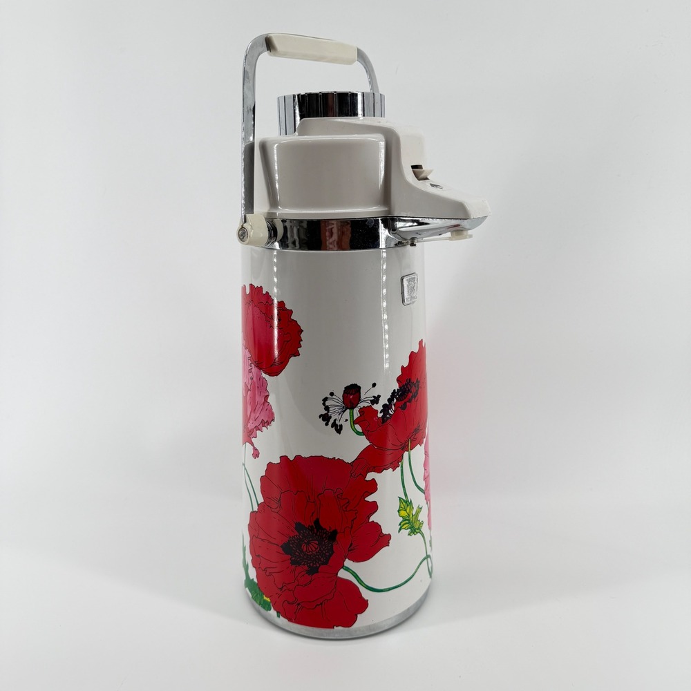 Vintage King Airpot Thermal Carafe 1.9L Floral Poppy Red Pink Flower Pump Pot